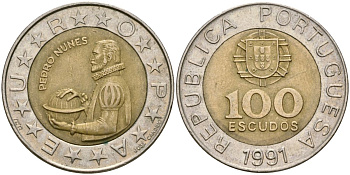 Португалия 100 эскудо 1991 Педру Нуниш (1502-1578), математик KM 645.1 биметалл 4165-346