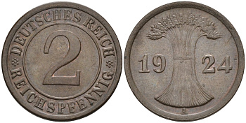 Германия 2 рейхспфеннига 1924 A KM 38, J.314, Weege 4 медь 4584-631