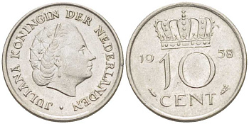 НИДЕРЛАНДЫ 10 ЦЕНТОВ 1958 ЮЛИАНА KM 182 никель 66-814