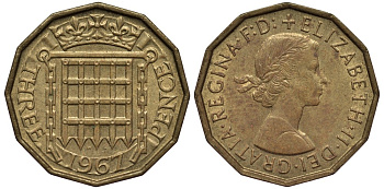 Великобритания 3 пенса 1967 Елизавета II (1952-2022) KM 900, Spink 4153 никель латунь 4538-1142