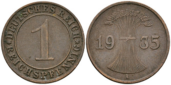 Германия 1 рейхспфенниг 1935 A KM 37, J. 313 бронза 4528-421