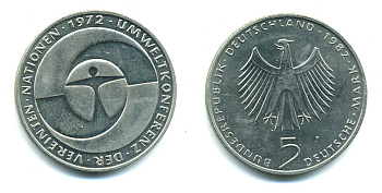 ФРГ 5 марок 1982 F, 10 лет конференции ООН по окружающей среде КМ 157, J.431 медно-никель плакированный никелем 87-1014