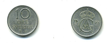 Швеция 10 эре 1973 U, Густав VI Адольф (1950-1973) KM 835 медно-никель 54-1151