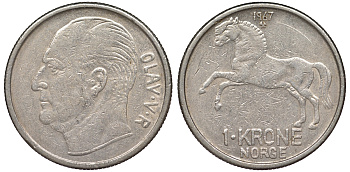 Норвегия 1 крона 1967 лошадь KM 409 медно-никель 25-2134