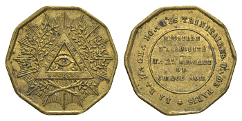 Франция жетон массонской ложи XIX век жетон о посещение респектабельной ложи шотландских рыцарей Тринитарии на Востоке Парижа, проводящийся вторую среду каждого месяца латунь 1528-643