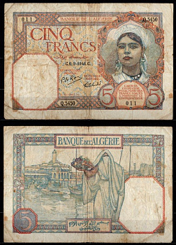 Алжир 5 франков 1941 Pick 77 b бумага 7217-43-1-2