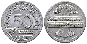 ГЕРМАНИЯ 50 ПФЕННИГОВ 1921 F KM 27, J. 301 алюминий 4380-846