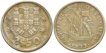 ПОРТУГАЛИЯ 2,5 ЭСКУДО 1973 ПАРУСНИК KM 590 медно-никель 3718-317