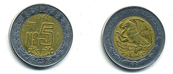 МЕКСИКА 5 ПЕСО 1992 биметалл 4-411