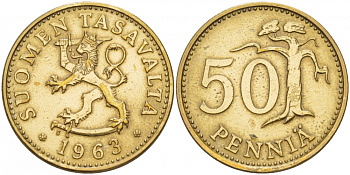 ФИНЛЯНДИЯ 50 ПЕННИ 1963 ПЕРВЫЙ ГОД KM 48 алюминиевая бронза 4548-257
