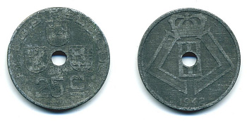 БЕЛЬГИЯ 25 САНТИМОВ 1942 BELGIQUE KM 132 цинк 57-233