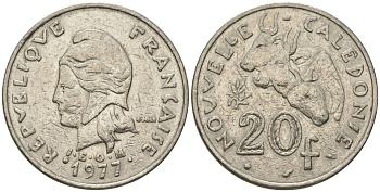 Французская Новая Каледония 20 франков 1977 три быка, (IEOM) KM 12, Schoen 14, Lec 107 никель 4680-415