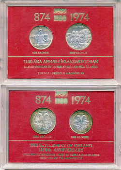 Исландия набор из 2 монет (500 и 1000 крон) 1974 1100 лет первым поселенцам, в оригинальной упаковке KM 20 и 21 серебро BU 3-6-2-04