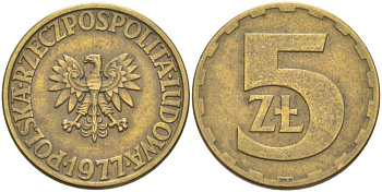 Польша 5 злотых 1977 монетный двор Ленинград (ЛМД) KM 81.1, Parchimowicz 221c латунь 89-645