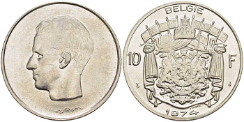 БЕЛЬГИЯ 10 ФРАНКОВ 1974 BELGIE, БОДУЭН I (1951-1993) KM 156.1 никель 213-444