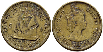 Британские Восточно-Карибские территории 5 центов 1965 Елизавета II (1952-2022), парусник KM 4 никель латунь 4391-1221