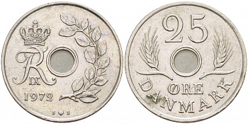 ДАНИЯ 25 ЭРЕ 1972 S; S, ФРЕДЕРИК IX (1947-1972) KM 855.2 медно-никель 3996-933