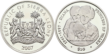 Сьерра-Леоне 10 долларов 2007 10 лет со дня смерти Принцессы Дианы KM 338 серебро PROOF 1068-2-23