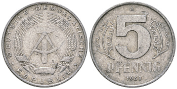 ГДР 5 пфеннигов 1968 A KM 9.1 алюминий 4625-229