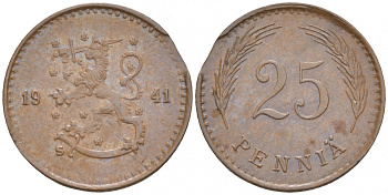 ФИНЛЯНДИЯ 25 ПЕННИ 1941 S KM 25а медь 100-1026
