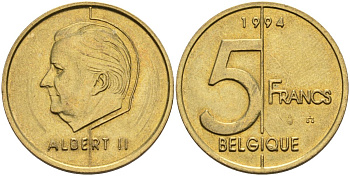 Бельгия 5 франков 1994 Belgique KM 189 алюминиевая бронза 4126-316
