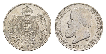 Бразилия 200 реалов (рейсов) 1867 Педро II (1831-1889) KM 471 серебро 1519-1415