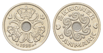 Дания 2 кроны 1998 Маргрете II (1972-2024) KM 874 медно-никель UNC 176-924
