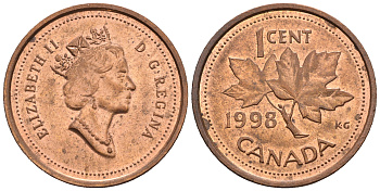 Канада 1 цент 1998 Елизавета II (1952-2022), кленовый лист KM 289 сталь плакированная медью 4609-256