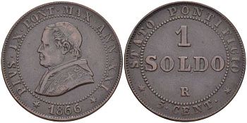 ВАТИКАН 1 СОЛЬДО = 5 ЧЕНТЕЗИМО 1866 R, ГОД XXI, ПАПА ПИЙ IX (1846-1878), МАЛАЯ ГОЛОВА KM 1372.1 (С182) медь 1521-1011