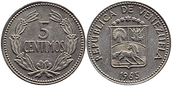 Венесуэла 5 сентимо 1965 KM 38.2 медно-никель 4392-923