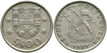 ПОРТУГАЛИЯ 5 ЭСКУДО 1977 ПАРУСНИК KM 591 медно-никель 4388-515