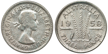 Австралия 3 пенса 1958 m, Елизавета II (1952-2022) KM 57 серебро 71-551