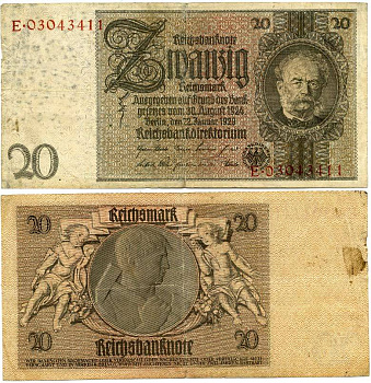 ГЕРМАНИЯ 20 РЕЙХСМАРОК 1929 Pick 181b бумага 3295-72-1