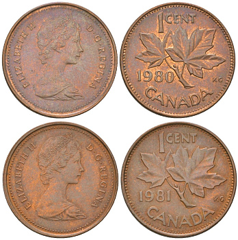 Канада полный набор выпуска из 2 монет (1 цент) 1980 и 1981 Елизавета II (1952-2022), кленовый лист KM 127 бронза 4617-913