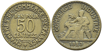 ФРАНЦИЯ 50 САНТИМОВ 1923 CHAMBRES DE COMMERCE KM 834, LE FRANC 191.6 алюминиевая бронза 4392-632