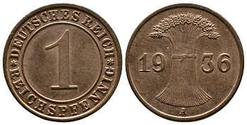 Германия 1 рейхспфенниг 1936 A KM 37, J. 313 бронза 220-152