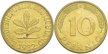 ФРГ 10 ПФЕННИГОВ 1982 D KM 108, J. 383 сталь плакированная латунью 219-541