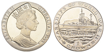 Гибралтар 1 крона 1993 Боевые корабли Второй мировой войны - U.S.S. Philadelphia KM 113 медно-никель BU 1078-2-12