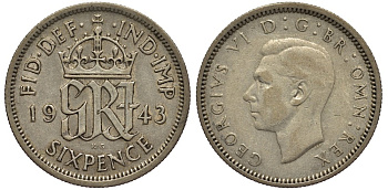 Великобритания 6 пенсов 1943 Георг VI (1936-1952) KM 852, Spink 4084 серебро 4538-523