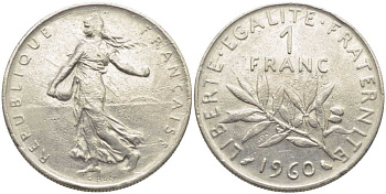 ФРАНЦИЯ 1 ФРАНК 1960 СЕЯТЕЛЬ KM 925.1, LE FRANC 226.4 никель 175-453