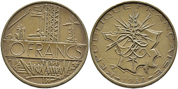 Франция 10 франков 1980 тип Матье KM 940, Le Franc 365.15-16 никель латунь 4393-221