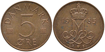 ДАНИЯ 5 ЭРЕ 1985 R; B, МАРГРЕТЕ II (1972-) KM 859.3 железо плакированное медью 116-165