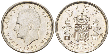 ИСПАНИЯ 10 ПЕСЕТ 1984 ХУАН КАРЛОС I ( 1975-) KM 827 медно-никель XF4181-1041