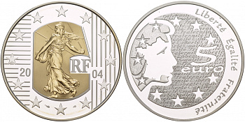 Франция 5 евро 2004 сеятель, золотая вставка, тираж 3000 экз.  биметалл  PROOF  00-807-52