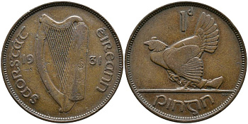 Ирландия 1 пенни 1931 курица с цыплятами KM 3 бронза 4531-624