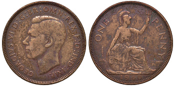 Великобритания 1 пенни 1940 Георг VI (1936-1952) KM 845, Spink 4114 бронза 4131-433