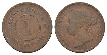 Стрейтс-Сетлментс (Стрейтс Сетлментс) 1 цент 1874 KM 9 медь 51-1046