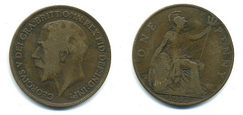 Великобритания 1 пенни 1917 Георг V (1910-1936) КМ 810, Spink 4051 бронза 4110-141