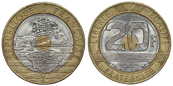 Франция 20 франков 1993 Мон-Сен-Мишель KM 1008.2, Le Franc 403.7 триметалл 4123-714