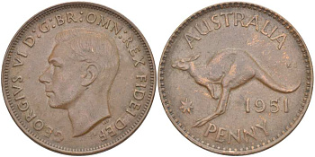 АВСТРАЛИЯ 1 ПЕННИ 1951 m, ГЕОРГ VI (1936-1952), КЕНГУРУ KM 43 бронза 4512-1144